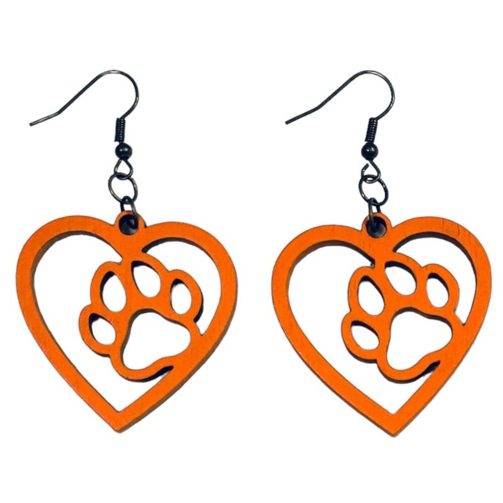 Wood Earrings - 1.5" x 1.5" - Paw in Heart - Orange - E089-28